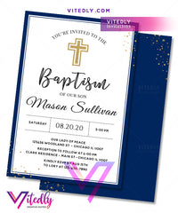 Navy Blue Boy Baptism Invitation