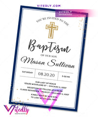Navy Blue Boy Baptism Invitation