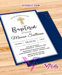 Navy Blue Boy Baptism Invitation