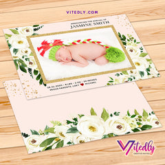 Floral Watercolor Baby Girl Photo Birth Announcement