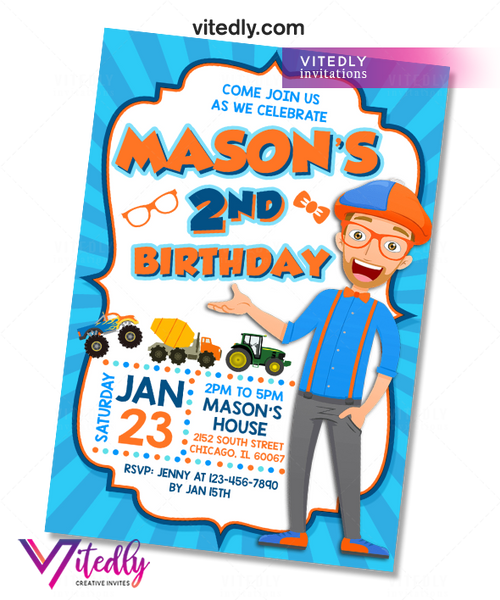 Blippi Birthday Invitation with Back Design Vitedly