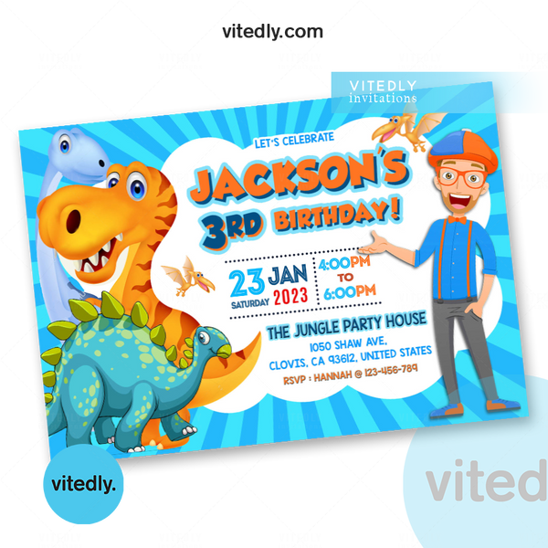 Blippi Dinosaur Invitation with FREE Thank you card – Vitedly