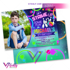 Bowling Invitations with Photo, Bowling Party Invitations, Rainbow Neon Glow Bowling Theme Party with Photo