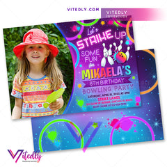 Bowling Invitations for girls with Photo, Bowling Party Invitations for girls with Photo, Rainbow Neon Glow Bowling Theme Party for girls