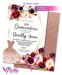 Burgundy Floral Quinceañera 15th Birthday Invitation