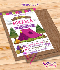 Camping Invitation for girls, Camping Birthday Invitation for girls, Camping Party for girls, Sleepover Invite