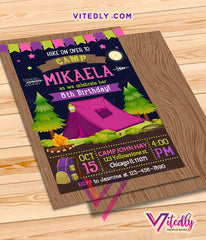 Camping Birthday Invitation for girls, Camping Invitation for girls, Hiking Party Invitation for girls