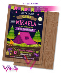 Camping Birthday Invitation for girls, Camping Invitation for girls, Hiking Party Invitation for girls
