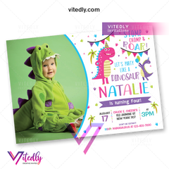 Dinosaur Invitation, Dinosaur Birthday Invitation for Girls with Photo