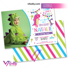 Dinosaur Invitation, Dinosaur Birthday Invitation for Girls with Photo