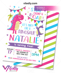 Dinosaur Birthday Invitation for Girls, Dinosaur Invitation for Girls
