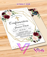 Floral Burgundy Confirmation Invitation