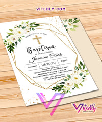Floral Elegant Girl Baptism Invitation