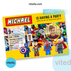 Lego Birthday Party Invitation with Photo / Lego blocks birthday invite with back design and photo