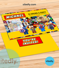 Lego Birthday Party Invitation with Photo / Lego blocks birthday invite with back design and photo