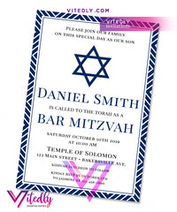 Elegant Navy Blue Bar Mitzvah Invitation