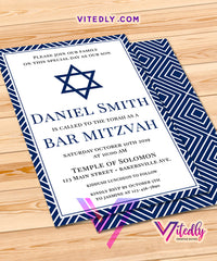 Elegant Navy Blue Bar Mitzvah Invitation