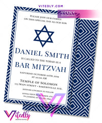 Elegant Navy Blue Bar Mitzvah Invitation
