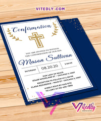 Gold Navy Blue Boy Confirmation Invitation
