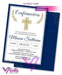 Gold Navy Blue Boy Confirmation Invitation