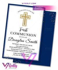Navy Blue Boys First Communion Invitation