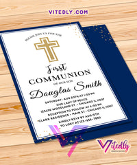 Navy Blue Boys First Communion Invitation