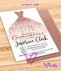 Rose Gold Dress Quinceañera Invitation