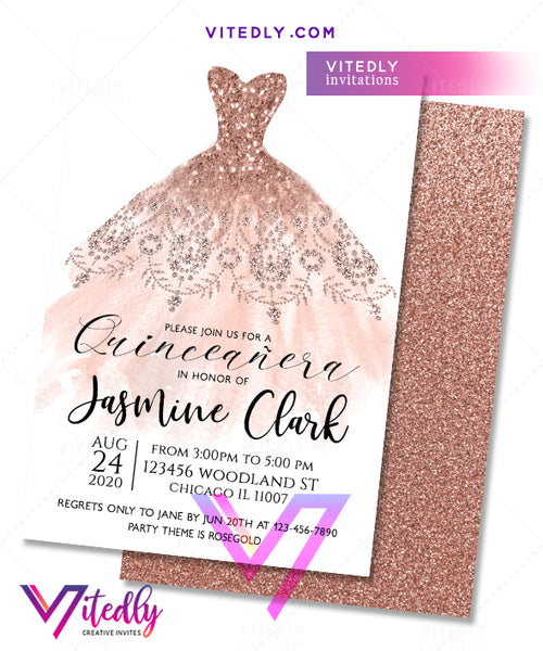 Rose Gold Dress Quinceañera Invitation