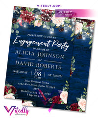 Rustic Blue Burgundy Engagement Party Invitation