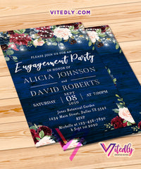 Rustic Blue Burgundy Engagement Party Invitation