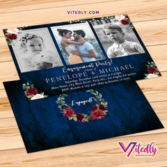 Rustic Blue Burgundy Engagement Party Invitation