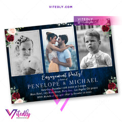 Rustic Blue Burgundy Engagement Party Invitation