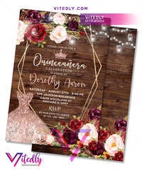 Rustic Burgundy Floral Quinceañera 15th Birthday Invitation