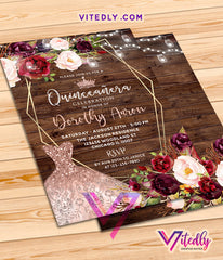 Rustic Burgundy Floral Quinceañera 15th Birthday Invitation