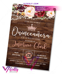 Rustic Wood Burgundy Floral Lights Quinceanera Invitation