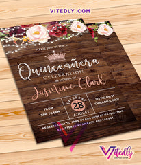 Rustic Wood Burgundy Floral Lights Quinceanera Invitation