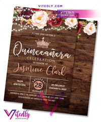 Rustic Wood Burgundy Floral Lights Quinceanera Birthday Invitation