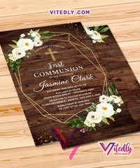 Rustic Wood First Communion Invitation