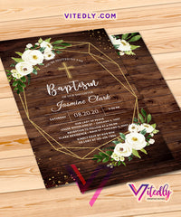 Rustic Wood Girl Baptism Invitation