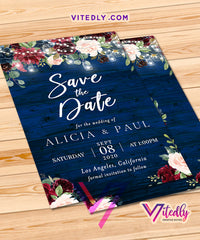 Floral Blue Wedding Save the Date Invitation
