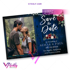 Burgundy Blue Floral Save the Date invite