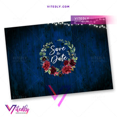 Burgundy Blue Floral Save the Date back design