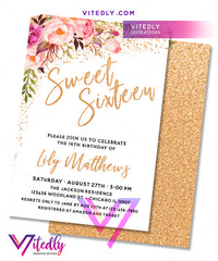 Sweet Sixteen Invitation Gold Floral