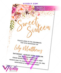 Sweet Sixteen Birthday Invitation Gold Floral