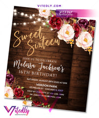 Sweet 16 Birthday Invitation Rustic Floral