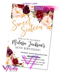 Sweet Sixteen Birthday Invitation Gold Floral