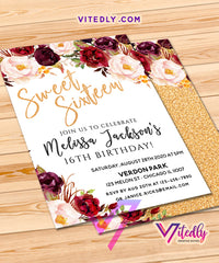 Sweet Sixteen Invitations Gold Floral