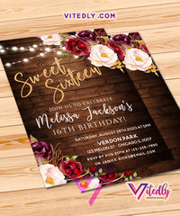Sweet 16 Birthday Invitation Rustic Floral