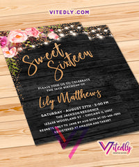 Sweet 16 Invitation Rustic Floral Lights