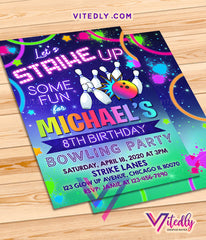 Bowling Invitations, Bowling Party Invitations, Rainbow Neon Glow Bowling Theme Party